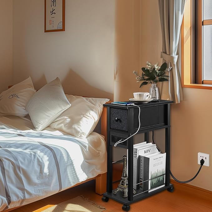 Narrow Side Table (1PC) - Black End Table with Overload Protection, Charging Station Drawer & 4 Wheels, Mobile Storage Nightstand for Bedroom Studio Apartment (1 AC + 2 USB Ports)