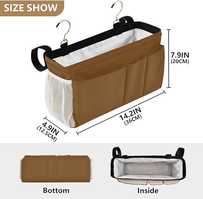 DOMIKING Brown Bedside Caddy for Dorm Bed Recliner Armrest Organizer with Hooks Haning Storage Bags for Rails Headboards Bunk Bed