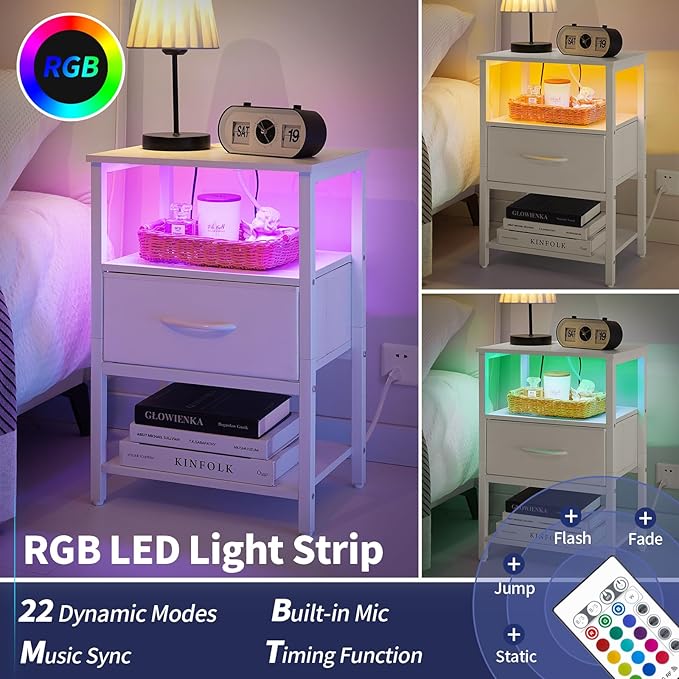 Yoobure White Night Stand with Charging Station, LED Nightstand for Bedroom, Bedside Tables with Adjustable Fabric Drawer, 3-Tier End Table Living Room, Small Side Table with Storage
