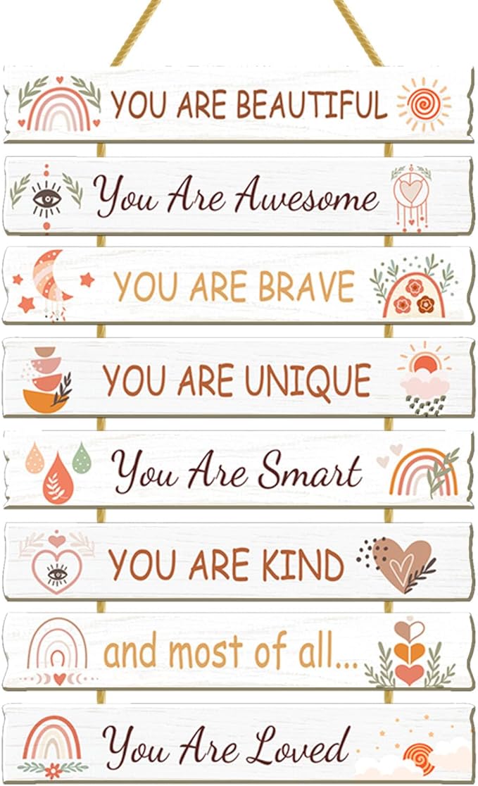 Rutiyoka Boho Wall Art for Girls' Room - Rainbow Inspirational Wood Decor for Kids' Nursery or Toddler Room Sign