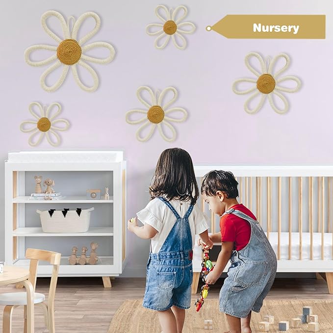 6 Pcs Boho Nursery Daisy Wall Decor, Woven Flowers Wall Hanging Art, Beige Boho Floral Room Decor with Lanyard for Office, Toddler Baby Little Girls Kids Home Bedroom Above Bed Decorations (Beige)