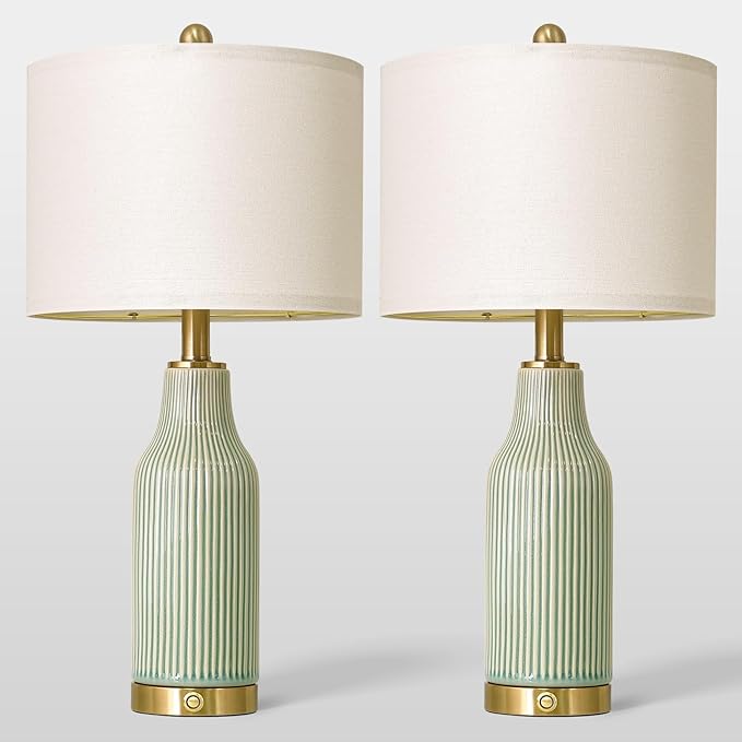 24.5" Modern 3-Way Dimmable Touch Control with 5FT Cord and USB A+C Ceramic Lamps Set of 2 Table Lamp for Living Room Bedroom Farmhouse Nightstand Bedside Green