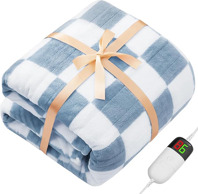 Heated Electric Blanket Throw, 50X60 Heating Blanket with 10 Heat Levels & 8 Hours Auto Off for Lap, Misty Blue Checkered Plaid Soft Sherpa Blankets Warmer Gifts for Couch Grandma Women Adults