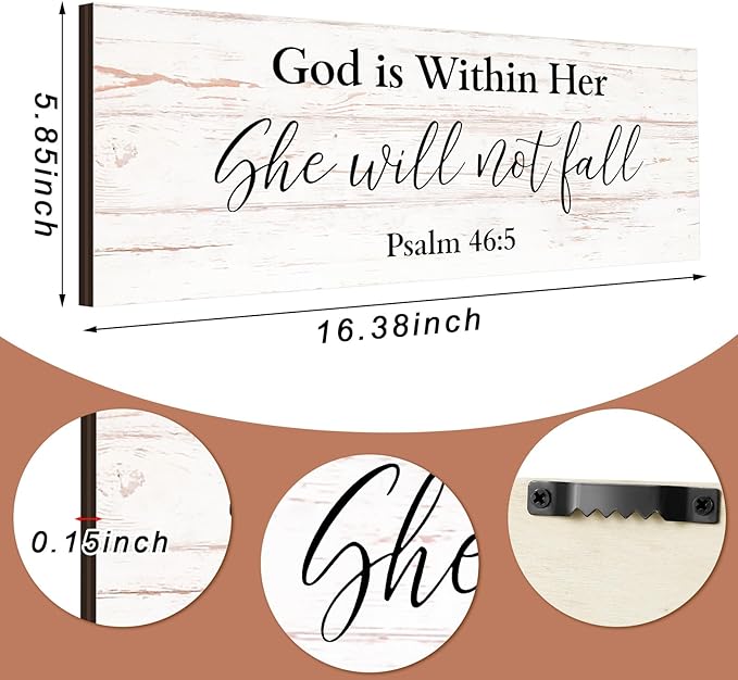 Jetec Farmhouse Bible Verse Scripture Wall Signs, God Is with Her She Will Not Fall Wooden Plaque Decor for Church Home Christian Wall Art Decor(17 x 6 Inch, Psalm)