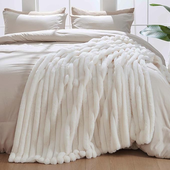 Lotus Karen Faux Fur Throw Blanket - Stripe Faux Rabbit Fur Blanket for Couch, Cozy Soft Fluffy Fuzzy Blanket, Warm Thick Furry Plush Shaggy Small Blankets for Women, Cream White,50x60 Inches
