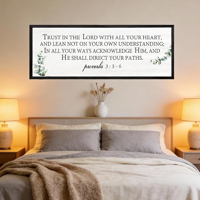 Trust in the Lord with All Your Heart Wall Art: 40"x15" Framed Bible Verse Wooden Sign, Proverbs 3:5–6 Christian Wall Decor, Large Rustic Scripture Home Decor, Black