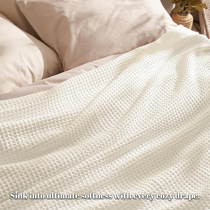 PHF Ultra Soft Waffle Weave Blanket Twin Size 66"x 90"- Washed Lightweight Breathable Cozy Woven Blanket for Bed - Aesthetic Decor for Couch Bedding Sofa Home Car - Coconut White