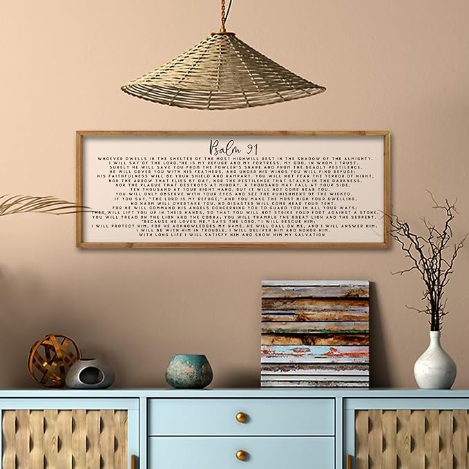 comurdyo Psalm 91 Wall Art Decor 32"X12" Christian Bible Verse Prayer Sign for Large Vintage Farmhouse Wood Framed Minimalist Family Living Room Wall Plaque Horizontal Hanging Decor (Wood)