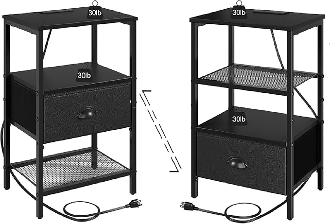 Nightstands Set of 2, Black Night Stands with Charging Station, Bedside Tables with Drawers PU Finish, 2-Tier Side Table with Open Shelf, Nightstands with Drawer,Black