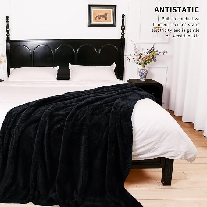 Plush Fleece Throw Blanket for Couch and Bed, Fluffy Fuzzy Cozy Queen-Size Soft Blankets All Season Use (60x80 Inches,Black)