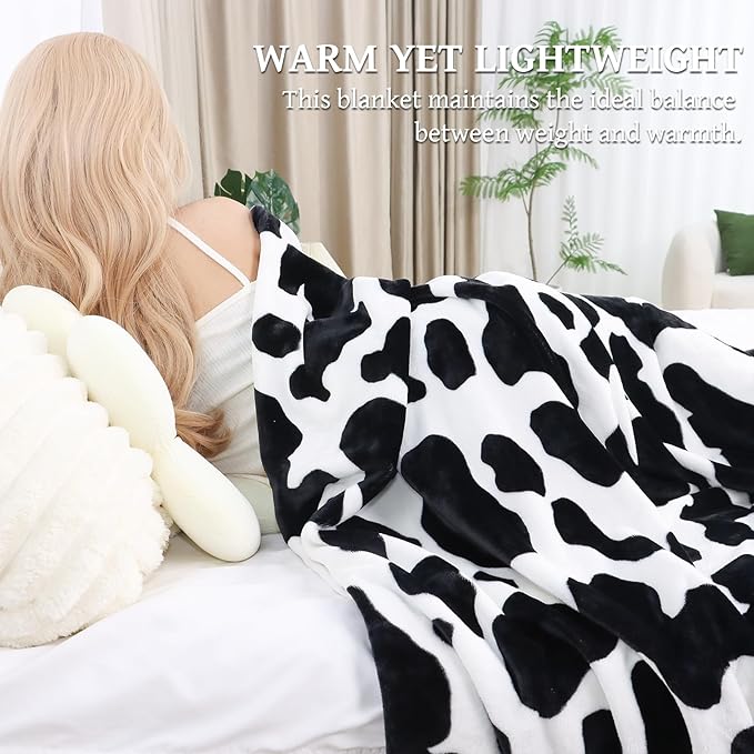 Soft Black and White Blanket Throw Cow Print Gifts Stuff 50x60inch Lightweight Cozy Fuzzy Fleece Blanket for Women Men Teenage Girls Boys Bed Couch