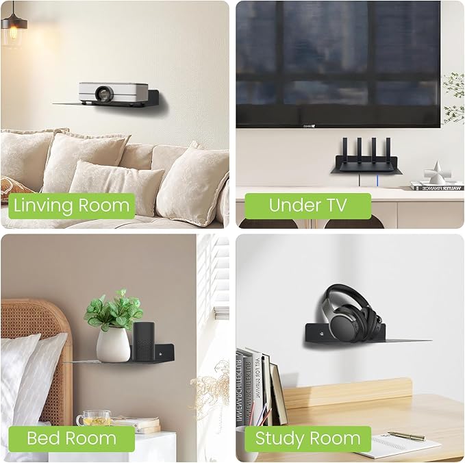 Steel Floating Shelves for Wall,Small Wall Shelf，Suitable for Bedroom, Living Room, Bathroom, Kitchen, Office (Black, 9.1x6.9)