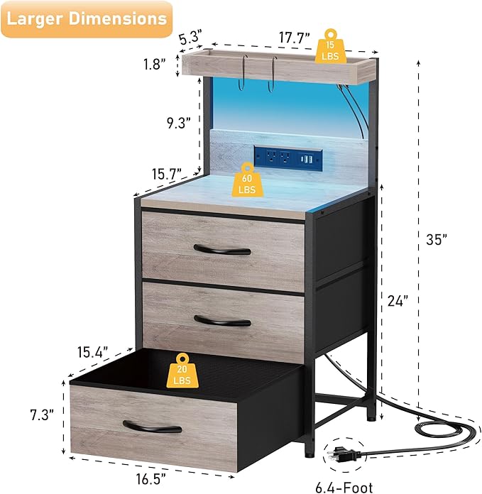 Night Stand Set 2 with LED Lights for Bedroom, Bedside Nightstands with Power Outlet and Type C Port, Matching Tables with 3 Fabric Drawers, Hooks, and Shelves, Greige