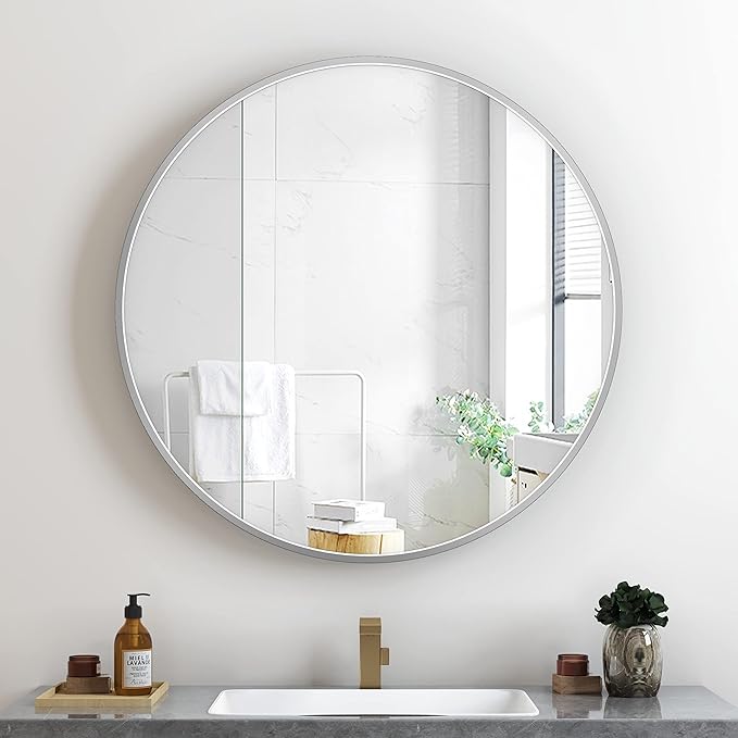 Itrue 30 Inch Round Wall Mirror, Brushed Silver Metal Framed Circle Bathroom Mirror, Silver-Backed HD Glass Vanity Mirror for Over Sink, Modern Decorative Mirror for Living Room, Entryway, Hallway