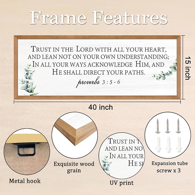 Trust in the Lord with All Your Heart Wall Art: 40"x15" Framed Bible Verse Wooden Sign, Proverbs 3:5–6 Christian Wall Decor, Large Rustic Scripture Home Decor, Natural