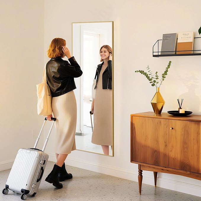 NEWBULIG Full Length Mirror 59.2"x16" for Bedroom, Full Body Mirror with Stand, Hanging or Leaning for Wall, Aluminum Alloy Thin Frame Floor Standing for Living Room, Long, Gold