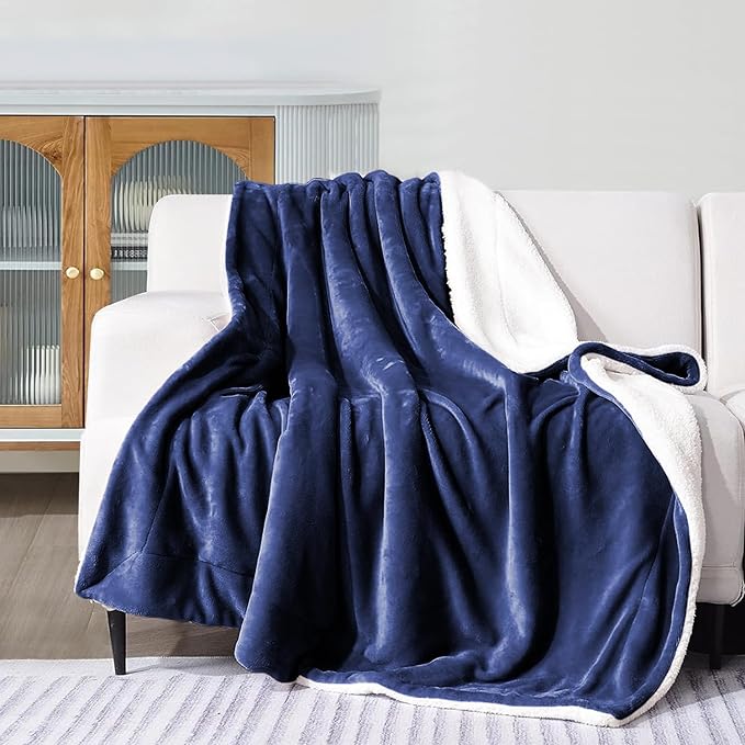 MOONLIGHT20015 Sherpa Blankets Queen Size - (Navy, 90X90 Inches) Fuzzy, Soft and Wool/Fleece Blanket for Bed, Fluffy Blankets for Winter, Camping and Travel