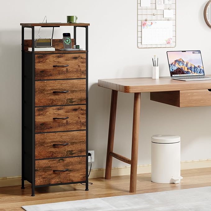 Somdot Tall Nightstand with Charging Station and LED Light for Bedroom, 5 Drawers Dresser with Fabric Bins for Bedside Kids Dorm Room Closet Laundry Entryway, Wood Grain Print