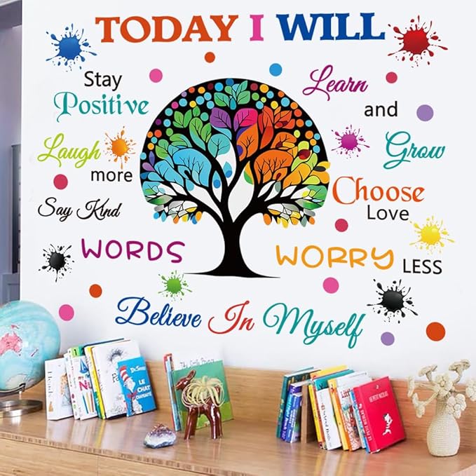 Colorful Inspirational Wall Decals Motivational Quote Today I Will Wall Stickers for Bedroom Classroom Peel and Stick Wall Decals Positive Saying Sticker (Tree Style)