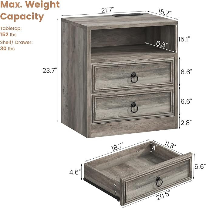 Farmhouse Nightstand with Charging Station, 21.7" Wide End Table with 2 Drawers & Open Compartment, Grey Wood Side Table, Bedside Table for Bedroom, Living Room, Sofa