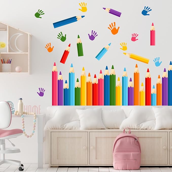 Colorful Pencils Wall Decals - 9 Sheets 47 Pcs Colored Handprint Pencil Wall Stickers Educational Peel and Stick Wall Decor for Back to School Classroom Playroom Living Room Nursery