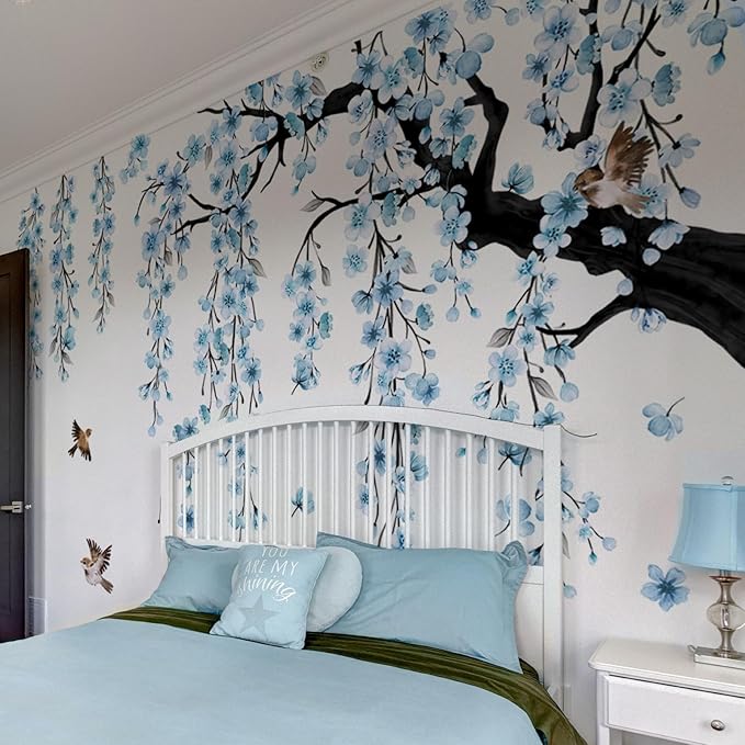 Large Cherry Blossom Tree Wall Stickers,4 Sheets Spring Blue Flower Bird Wall Decals Peel and Stick Waterproof Wall Murals Decor for Living Room Bedroom (Blue, 11.8 * 35.4inch)