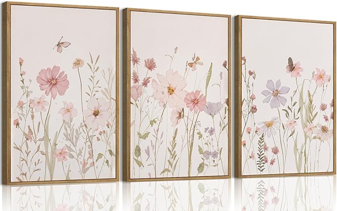 Wodkwq 3 Piece Wildflower Canvas Wall Art Framed,Pink Watercolor Flower Wall Decor,Vintage Floral Pictures,Botanical Nursery Prints For Bedroom,Living Room 16x24in
