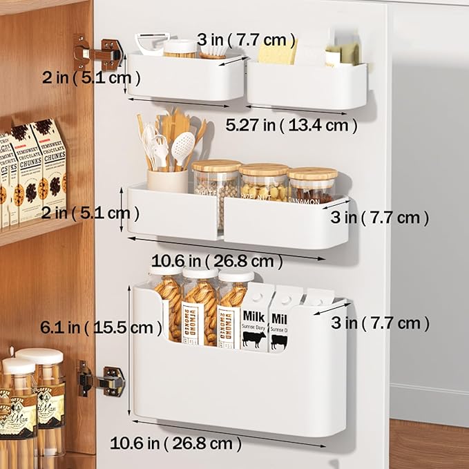MORNITE Adhesive Cabinet Door Organizer Storage 4 Pack, Door Rack Shelves Holder for Sink Kitchen Bathroom RV Pantry Bedroom Closet Laundry Office, White