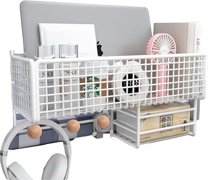 Bedside Caddy for Dorm Bed, Bunk Bed Accessories Bedside Shelf, Bedside Hanging Storage Basket with Hooks Multi-function Organizer Caddy Room Essentials for College Students Girl,White,B
