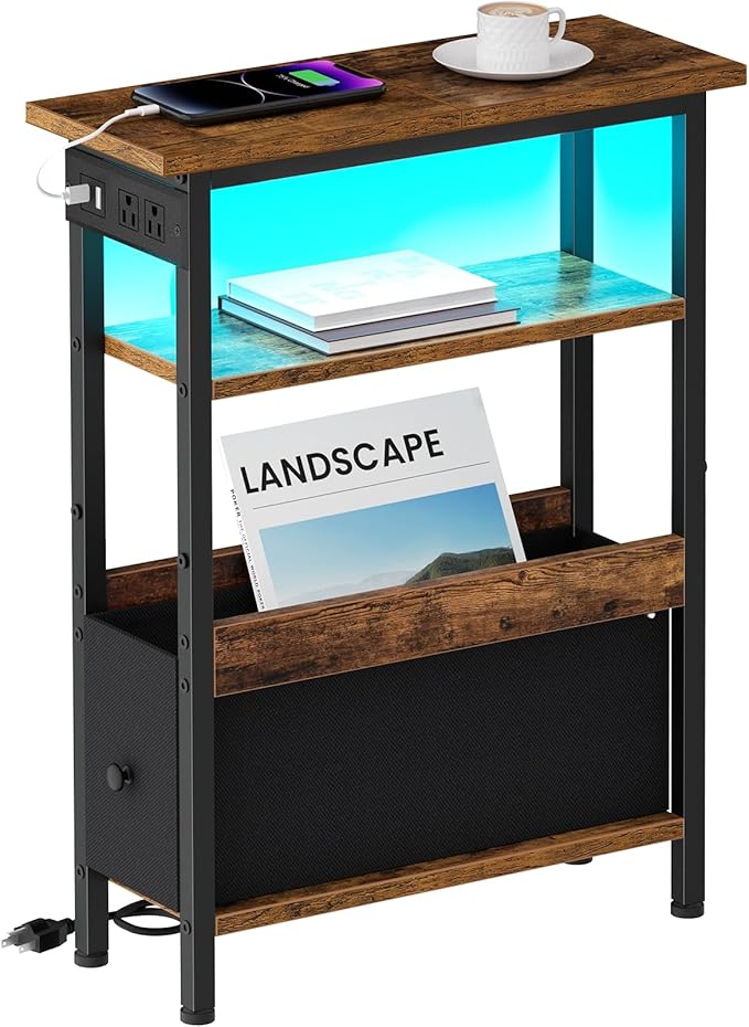 Narrow Side Table with Charging Station and LED Light, End Table with 1 Fabric Drawer, Skinny Nightstand with USB Ports & Type-C, Slim Bedside Table for Bedroom, Living Room, Rustic Brown