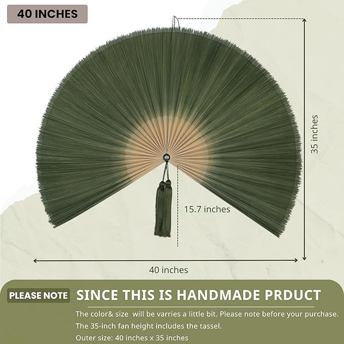 ChumDecor Bamboo Fan Wall Decor,Japanese Chinese Wall Fans,Large Bamboo Fan Wall Art for Boho Hanging Headboard, Decorative Folding Fans (Dark Moss Green 40inch)