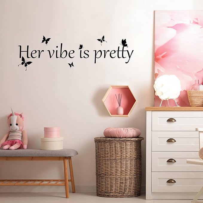 Her Vibe is Pretty Wall Decal Decor Vivid Butterflies Wall Sticker Inspirational Quotes Positive Wall Decal Sticker for Women Office 31.5 x 9.4 Inch (Simple Style,Black)