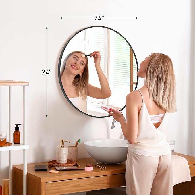 Sweetcrispy 24-inch Black Round Wall Mirror, Circle Bathroom Mirrors with Metal Frame, Wall-Mounted Mirrors for Living Room, Bathroom, Entryway