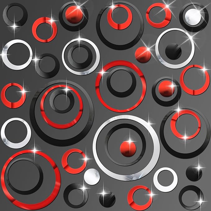 Outus 72 Pieces Acrylic Circle Mirror Wall Sticker Round Wall Decor Decals Removable DIY Adhesive for Living Room Bedroom Home Decoration (Black,Sliver,Red)