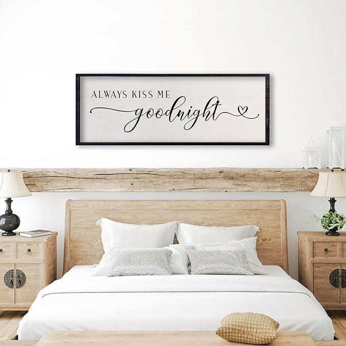 comurdyo Love Theme Always Kiss Me Goodnight Sign 32"×12" Romantic Couple Large Master Bedroom Above bed Wood Frame for Framed Rustic Farmhouse Minimalist Horizontal Wall Art Decor (Black)