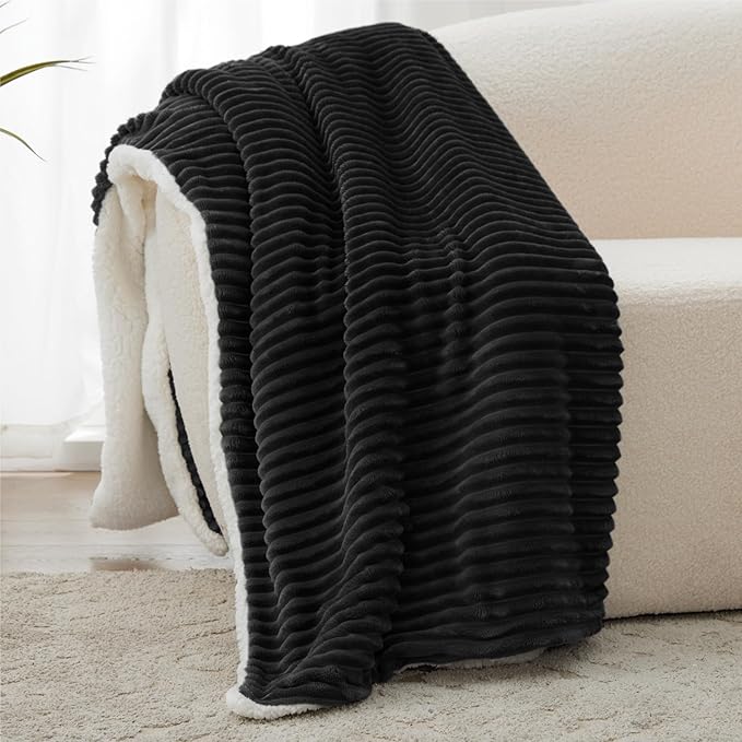 Sherpa Twin Blanket - Soft Cozy Fleece, Warm for Winter, Reversible for Sofa, Black, 60 x 80 Inches