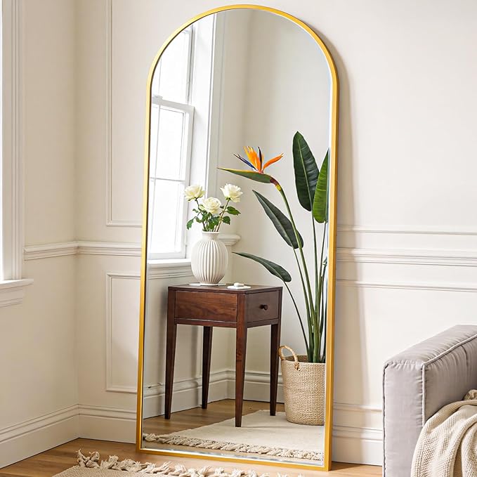 NEWBULIG Arched Full Length Mirror 64.2"x 21" for Bedroom, Full Body Mirror with Stand, Hanging or Leaning for Wall, Aluminum Alloy Thin Frame Floor Standing for Living Room, Long, Gold