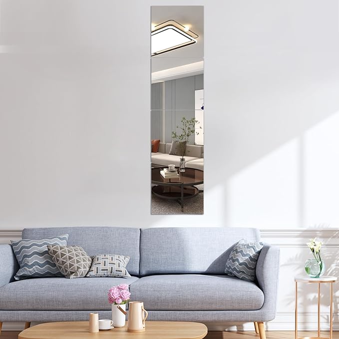 HD Glass Full Length Wall Mirror Tiles - Set of 4, 8'' x 8'' - Frameless, Ideal for Bedroom, Home Gym, Bathroom - Versatile Wall Decor and Over Door Mirrors with Toddler Mirror Stickers