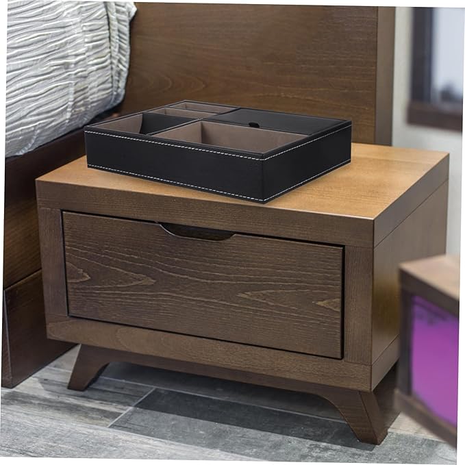 Beaupretty Faux Leather Nightstand Organizer Tray for Jewelry and Watches Multi Compartment Storage Box for Rings Necklaces Phone Wallet Bedside Dresser Black Bedside Table Organizer for Men