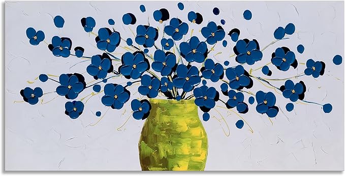 SYGALLERIER Blue Flower Canvas Wall Art in Vase with 3D Hand Painted Textured Modern Aesthetic Botanical Pictures Contemporary Oil Paintings for Living Room Bedroom Dinning Decor