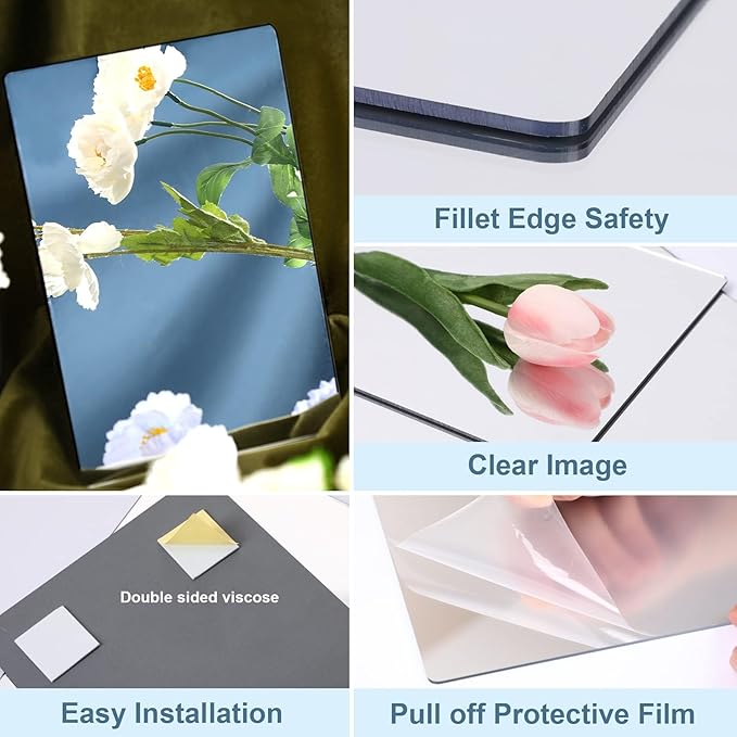 JUNEBRUSHS 8 Pack Self Adhesive Acrylic Mirror, 6X 9 Inch Mirror Tiles,Flexible Plastic Sheets Wall Stickers,2MM Thick Mirrors,Frameless Small Mirrors