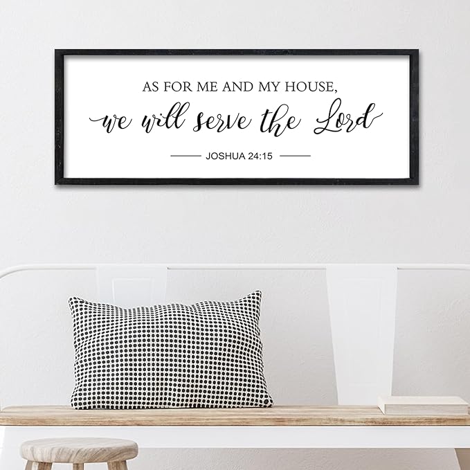 Surfapans Bible Verse Wall Decor As for Me and My House We Will Serve the Lord Sign 32"×12" Joshua 24 15 Christian Scripture Inspirational Rustic Farmhouse Living Room Wood Frame Hanging Art (Black)