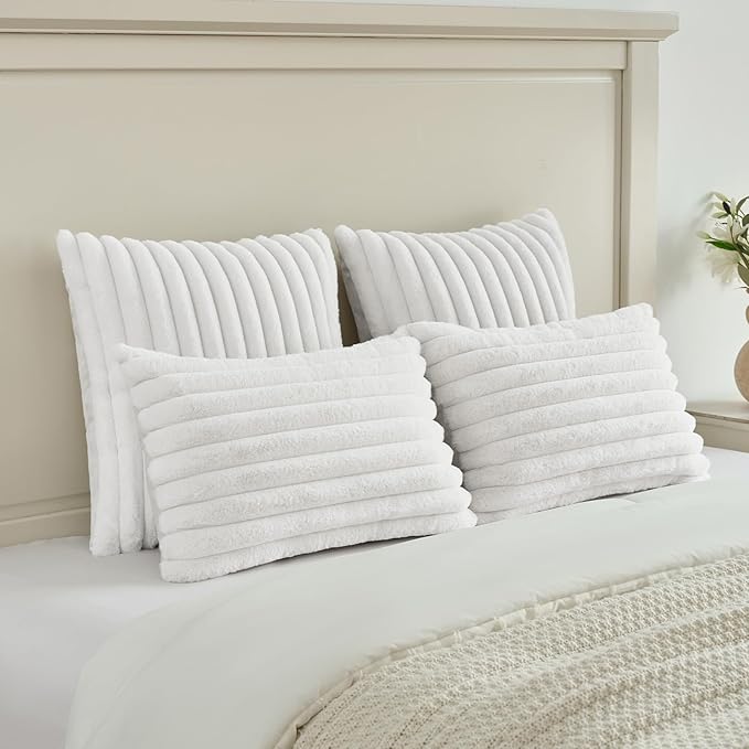 FUTEI White Decorative Throw Pillow Covers Set of 2, 28x28 Inch Soft Fluffy Faux Fur Plush Striped Euro Pillow Shams, Modern Home Decor for Couch Bed Living Room