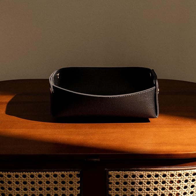 Faux Leather Valet Tray Organizer for Men,Entryway Table Storage Box for Watch Key Phone Dresser EDC Dump Jewelry, Bedside Nightstand Desk-top Catchall Tray,Black