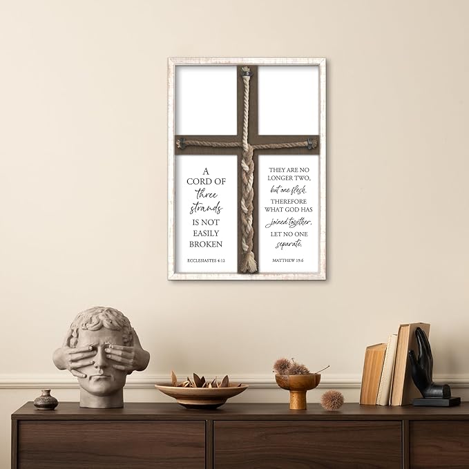 YWJKWLGS A Cord of Three Strands Wedding Ceremony Sign 22x16 Inch Anniversary Unity Knot Cross Christian Marriage Prayer Art Ideas Braid Rope Wall Decor for Couple Religious Wood Framed (White)
