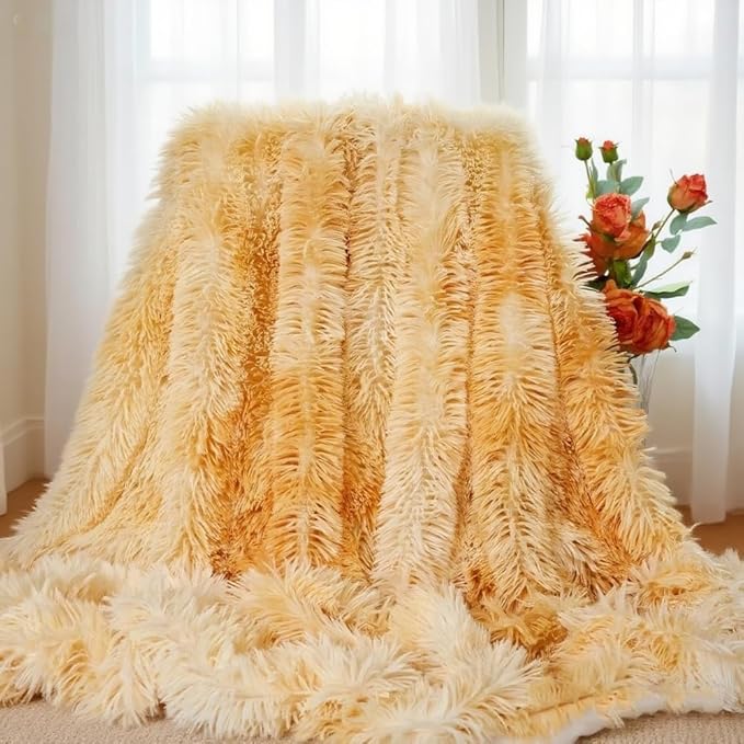 Plush Super Soft Blanket Bedding Sofa Cover Furry Fuzzy Fur Warm Throw Qulit Cozy Couch Blanket for Winter (51"x63",Tie Dye Yellow)