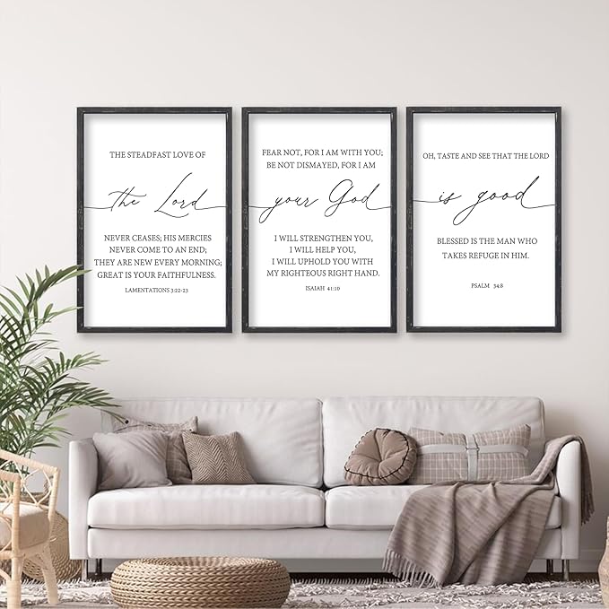 The Lord Your God Is Good Bible Verses Wall Art Decor Set of 3 24"x16" Bedroom Above Bed Inspirational Christian Scripture Wood Framed Sign Rustic Home Living Room Office Wall Hang (Black)