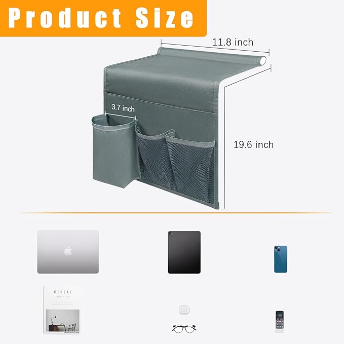 WOMACO Bedside Remote Control Holder, Bed Caddy with Water Bottle Holder Bed Side Organizer for Phones, Magazines, Tablets, Accessories - Medium, Gray