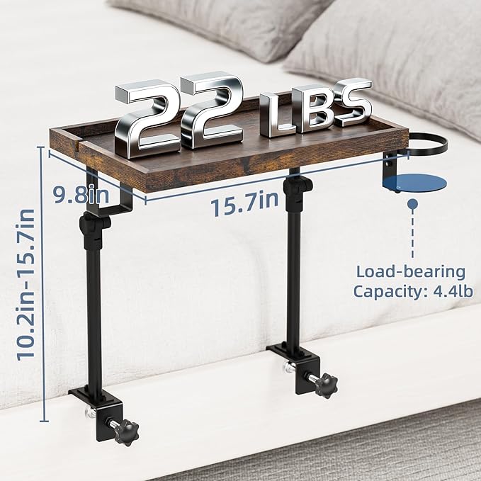 Clip On Bedside Shelf, Adjustable Bed Table with Cup Holder & Headphone Hook, Bed Tray for College Dorm, Bunk Beds, Space Saving Nightstand with Cable Management, Side Table Organizer for Bedroom