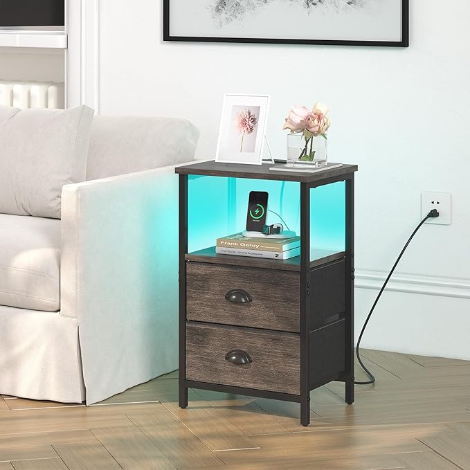 Nightstand with Charging Station, LED Night Stand with 2 Fabric Drawers, Bedside Tables End Table with Drawers, 2-Tier Storage Side Table Nightstand with Drawers for Bedroom, Black Oak